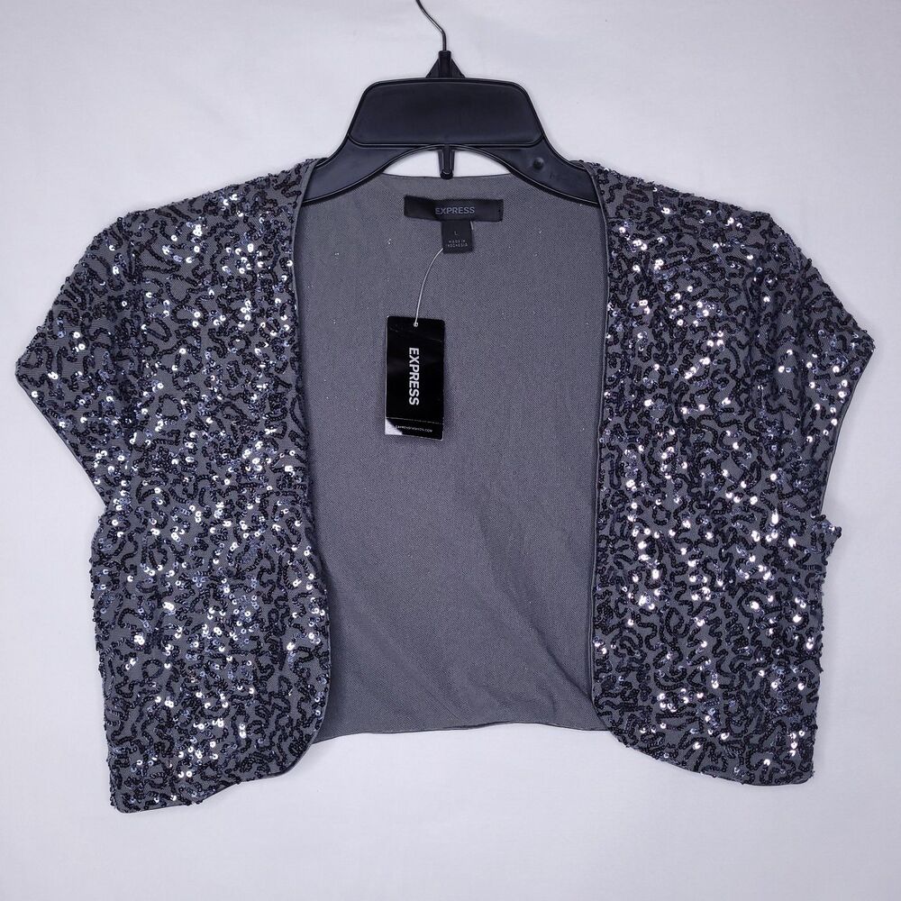Express Sequin Sweater Large Gray Shrug Mini Cropped NWT